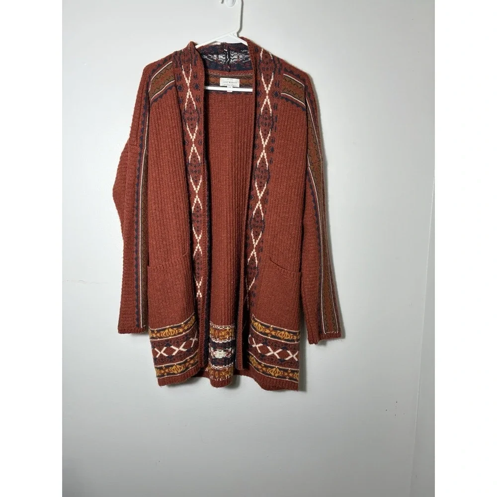 Lucky‎ Brand Aztec Southwestern Open Cardigan sz Large Rust Brown Boho
